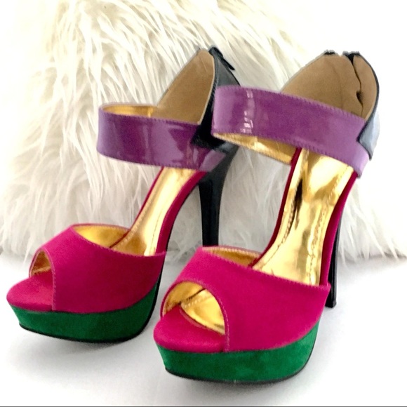 SOLD!! Open Toe Heels Ankle Strap Pink Green - Picture 3 of 6